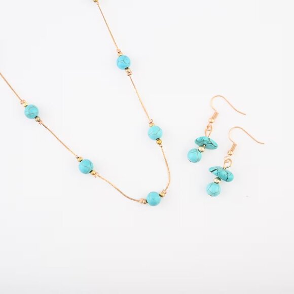 Jewelry - Women's Blue Howlite 20 Inch Necklace and Earrings 2 Piece Set in Goldtone